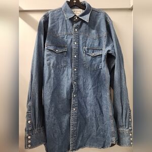 SCHAEFER Outfitter Men's L Denim Pearl Snap Shirt Western Yoke Blue Long Sleeve